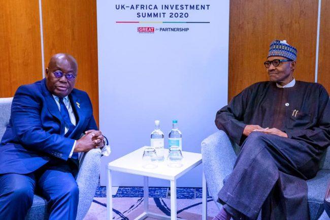President Nana Akufo-Addo of Ghana and President Muhammadu Buhari hold bilateral meeting Monday in London at the sidelines of UK-Africa Investment Summit