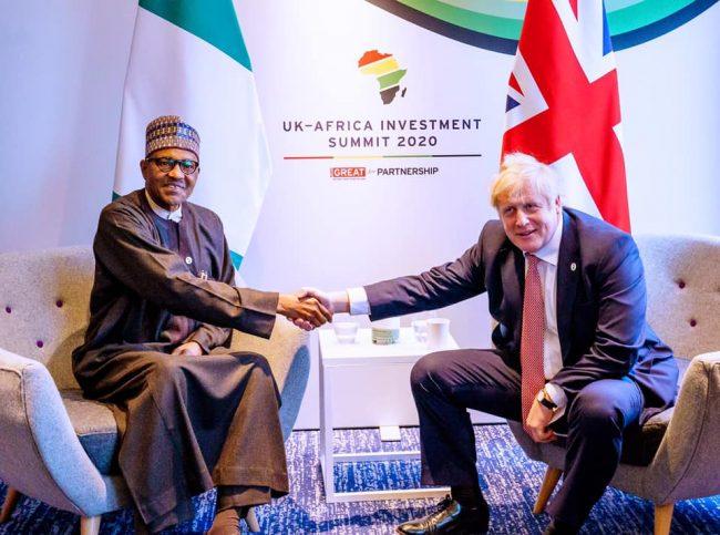President Muhammadu Buhari and UK Prime Minister Boris Johnson at the sidelines of the Uk-Africa Summit on 20th January 2020