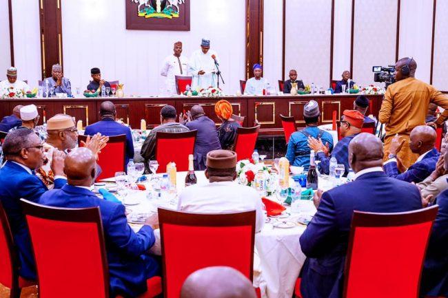 President Muhammadu Buhari speaks at a dinner with members of the legal team for the 2019 presidential election petition on Thursday in Abuja.