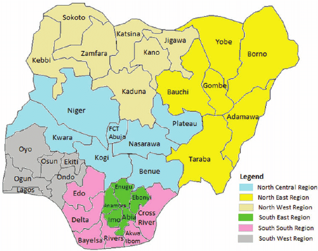 Map of Nigeria showing the 36 states and FCT Abuja.
