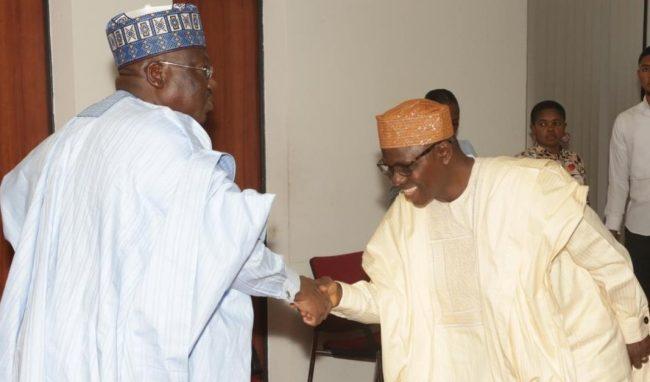 Senate President Ahmad Lawan welcomes the Leader of the delegation of Surveyors Council of Nigeria (SURCON), Surveyor Femi Kasim, to the National Assembly on Wednesday, February 19, 2020