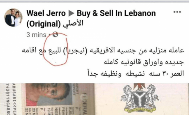 Nigerian woman rescued in Lebanon after being posted for sale on Facebook