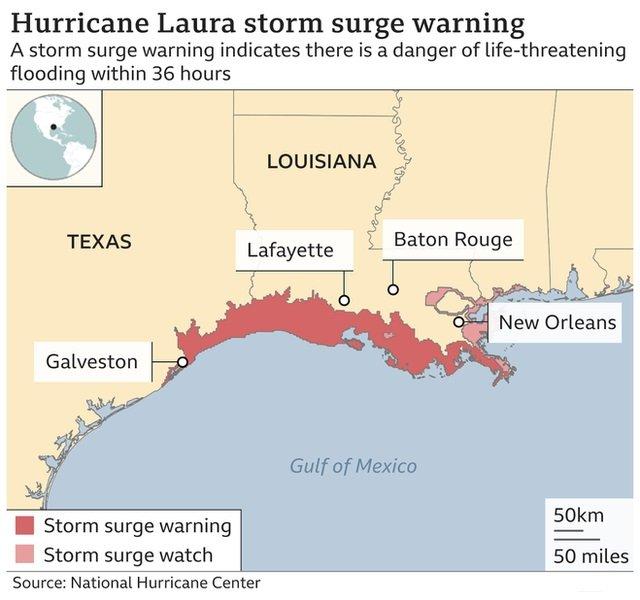 Hurricane Laura was upgraded to a Category 4 storm as it approached the coasts of Texas and Louisiana on Wednesday.