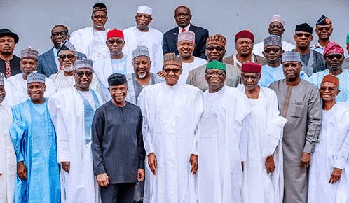 Nigerian governors in a group photo with President Muhammadu Buhari and Vice President Yemi Osinbajo