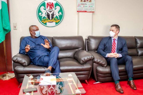 Minister of State for Labour and Employment Festus Keyamo receives the Acting High Commissioner of Canada to Nigeria Mr. Ryan Ward in his office