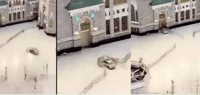 This combination of still shots taken from a video shared on social media shows a speeding car crashing into a door at the Makkah Grand Mosque.
