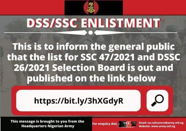 Nigerian Army releases list of SSC, DSSC candidates