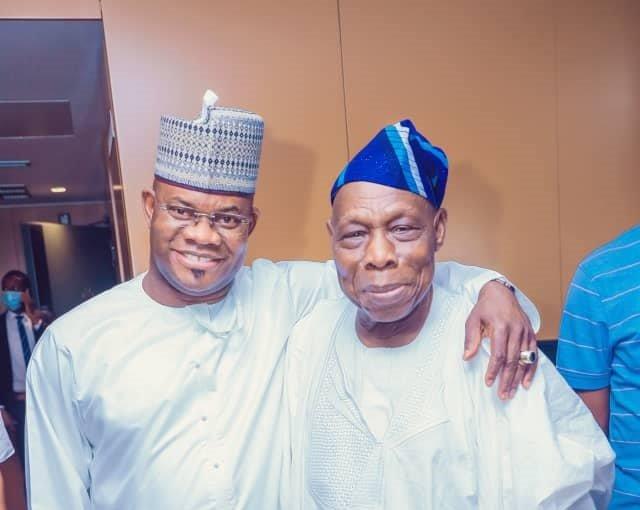 Reactions as Yahaya Bello shares photos with Obasanjo
