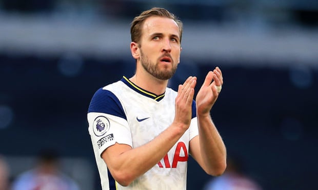 Harry Kane applauds Tottenham’s fans on Wednesday after what he hopes was his final home appearance for the club. Photograph: Tottenham Hotspur FC/Getty Images