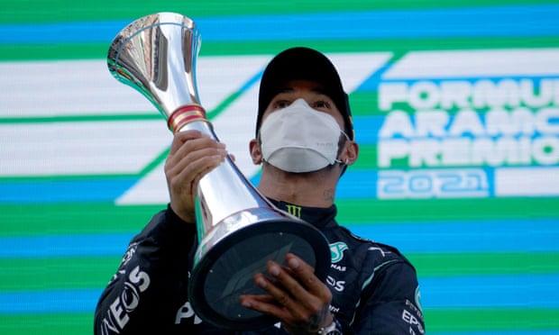 Lewis Hamilton celebrates his win for Mercedes at the Spanish Grand Prix