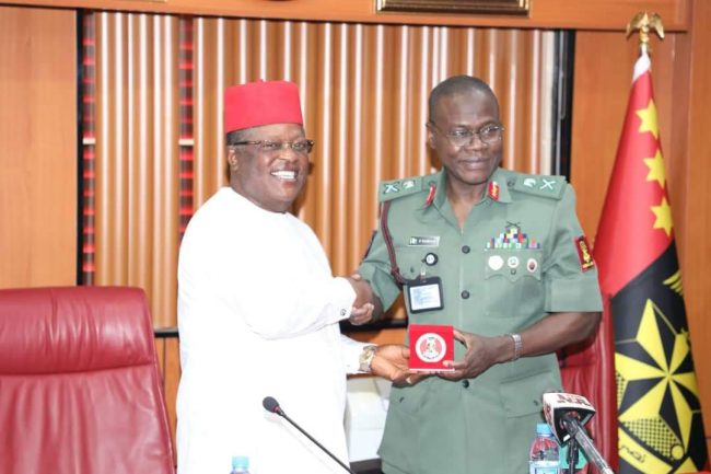 Ebonyi gov visits COAS, says Nigerians must stop playing politics with nation's security