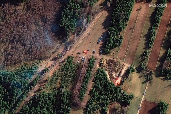 A satellite image of migrants gathering at the Belarus-Poland border on Wednesday. Credit... Maxar Technologies, via Associated Press