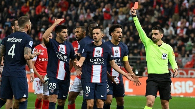 Sergio Ramos was shown his second red card as a PSG player against Reims on Saturday