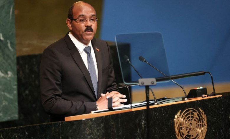 [1/5] Antigua and Barbuda Prime Minister Gaston Alphonso Browne addresses the 77th United Nations General Assembly at U.N. headquarters in New York City, New York, U.S., September 23, 2022. REUTERS/Caitlin Ochs