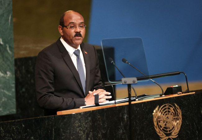 [1/5] Antigua and Barbuda Prime Minister Gaston Alphonso Browne addresses the 77th United Nations General Assembly at U.N. headquarters in New York City, New York, U.S., September 23, 2022. REUTERS/Caitlin Ochs