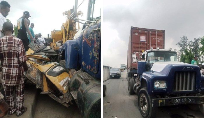 Truck crushes tricycle in Lagos